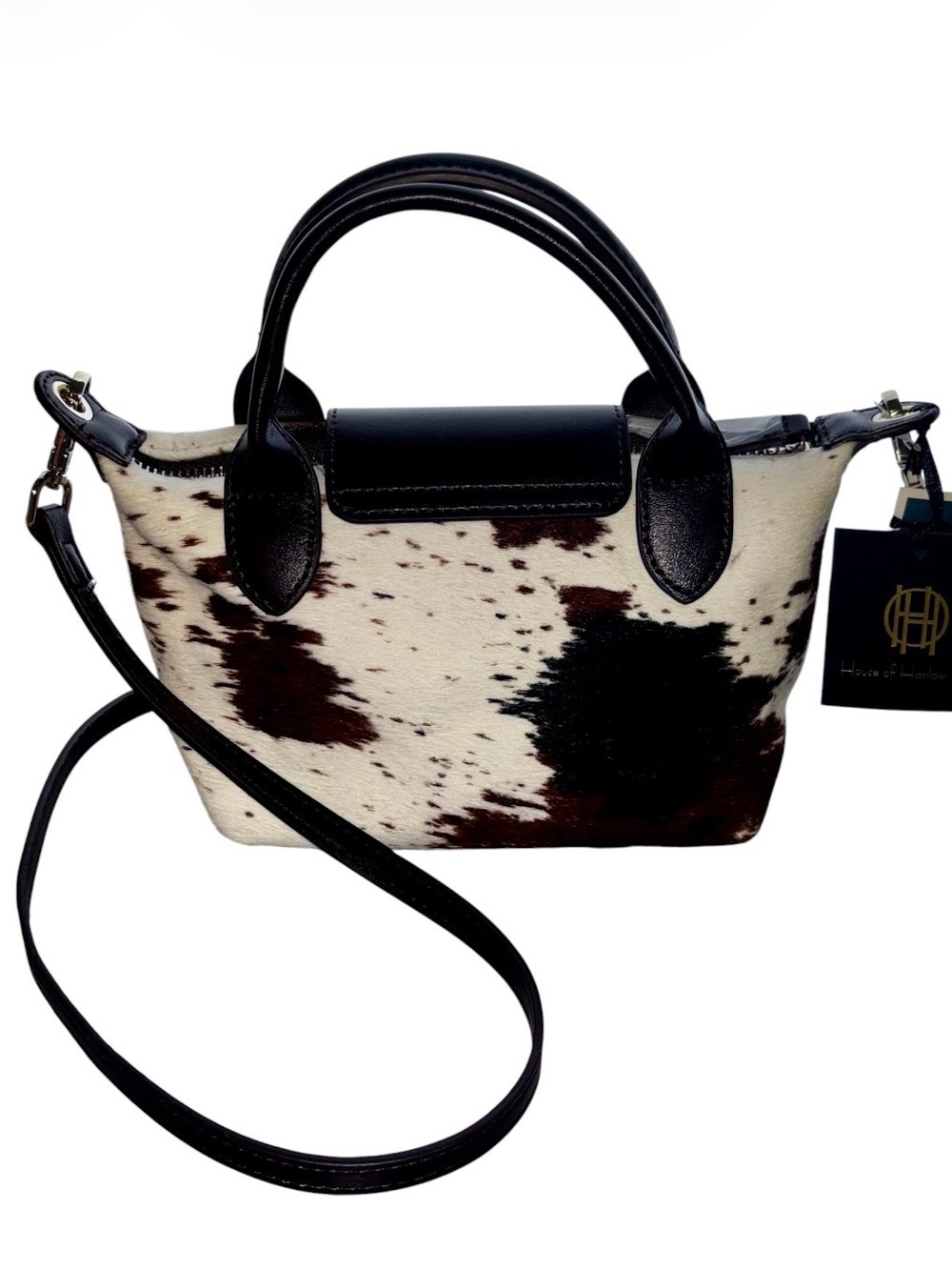 House of Harlow 1960 Brown, Black & White Cowhide Mini Crossbody Satchel - Picture 2 of 6